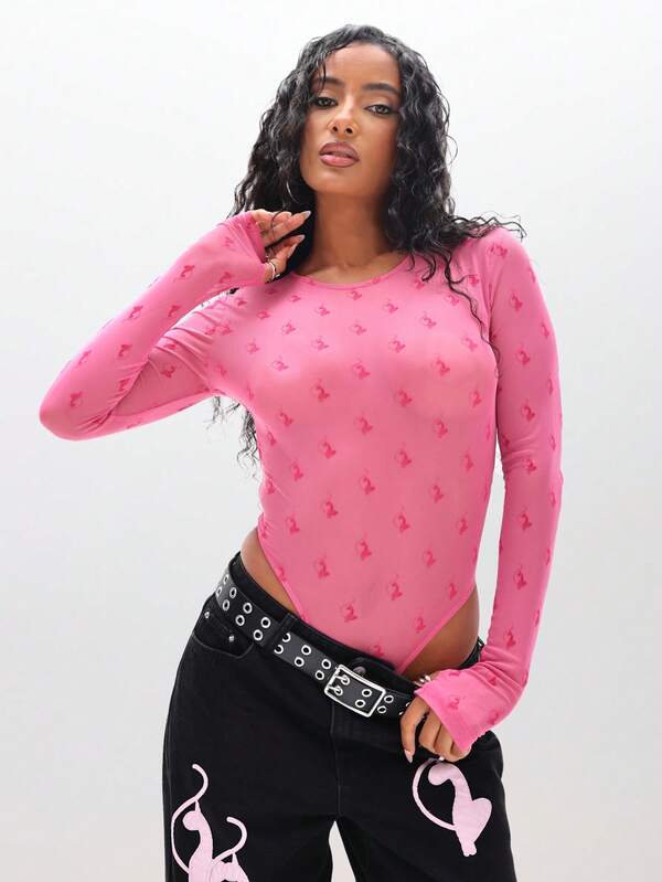 Missguided BABYPHAT Flocked Mesh Long Sleeve Bodysuit With Crew Neck Valentine's Day Fashion Top