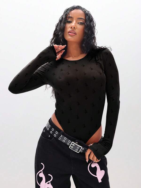 Missguided BABYPHAT Flocked Mesh Long Sleeve Bodysuit With High Leg Cut Out Round Neckline For Layering