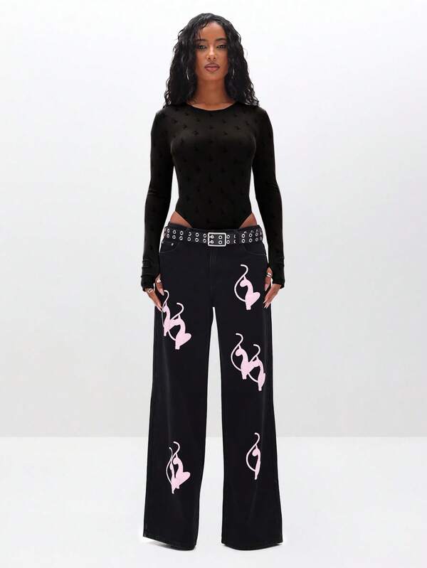 Missguided BABYPHAT Flocked Mesh Long Sleeve Bodysuit With High Leg Cut Out Round Neckline For Layering