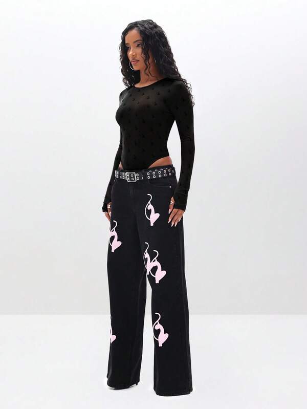 Missguided BABYPHAT Flocked Mesh Long Sleeve Bodysuit With High Leg Cut Out Round Neckline For Layering