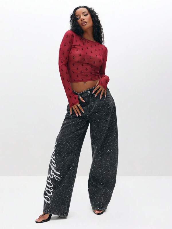 Missguided BABYPHAT Flocked Sheer Mesh Long Sleeve Top With Allover Print Round Neckline Fitted Cropped Style