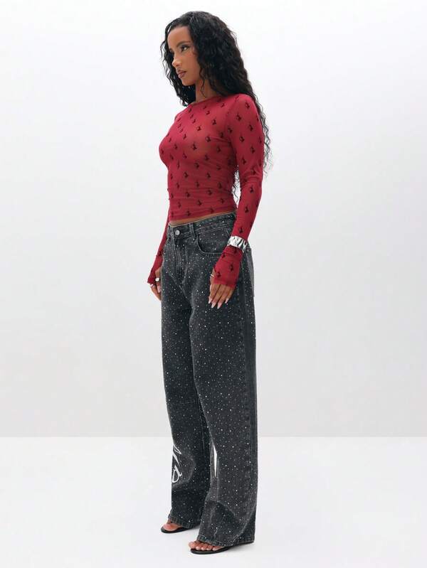 Missguided BABYPHAT Flocked Sheer Mesh Long Sleeve Top With Allover Print Round Neckline Fitted Cropped Style