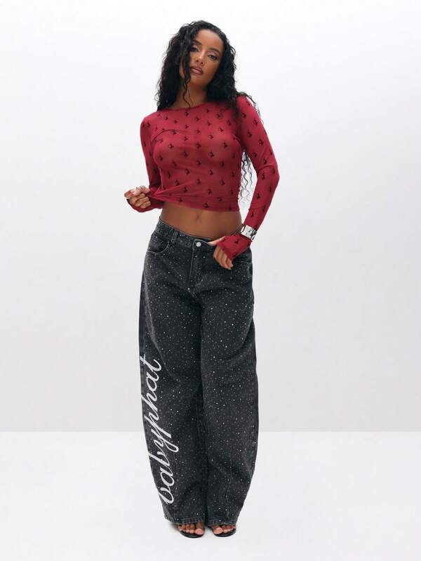 Missguided BABYPHAT Flocked Sheer Mesh Long Sleeve Top With Allover Print Round Neckline Fitted Cropped Style