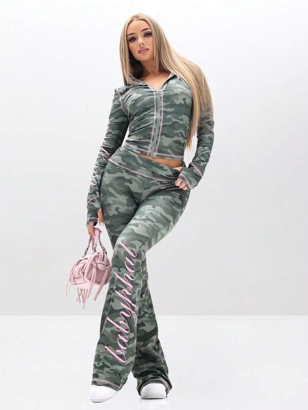 Missguided BABYPHAT Fold Over Waist Flare Leggings With Camouflage Print And Contrast Pink Trim