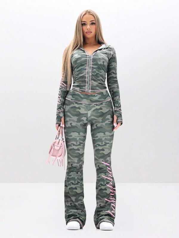 Missguided BABYPHAT Fold Over Waist Flare Leggings With Camouflage Print And Contrast Pink Trim