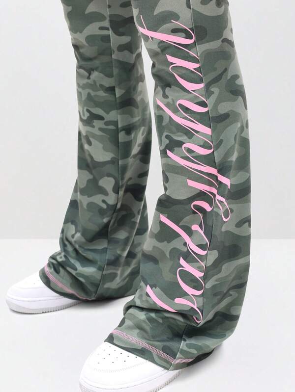 missguided BABYPHAT Fold Over Waist Flare Leggings With Camouflage Print And Contrast Pink Trim