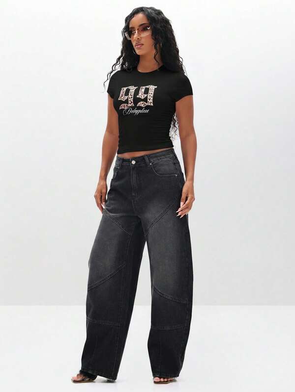 Missguided BABYPHAT Graphic Baby Tee Cropped Short Sleeve Round Neck Fitted Top With Animal Print Numbers