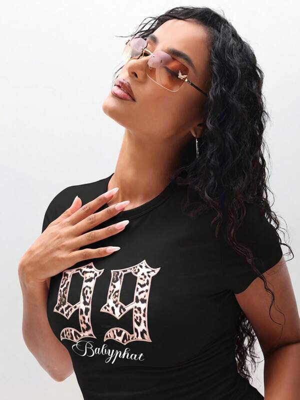 missguided BABYPHAT Graphic Baby Tee Cropped Short Sleeve Round Neck Fitted Top With Animal Print Numbers