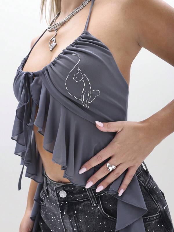 Missguided BABYPHAT Halter Cami Mesh Waterfall Ruffle Top Sleeveless Summer Festival Flowing Layer Blouse