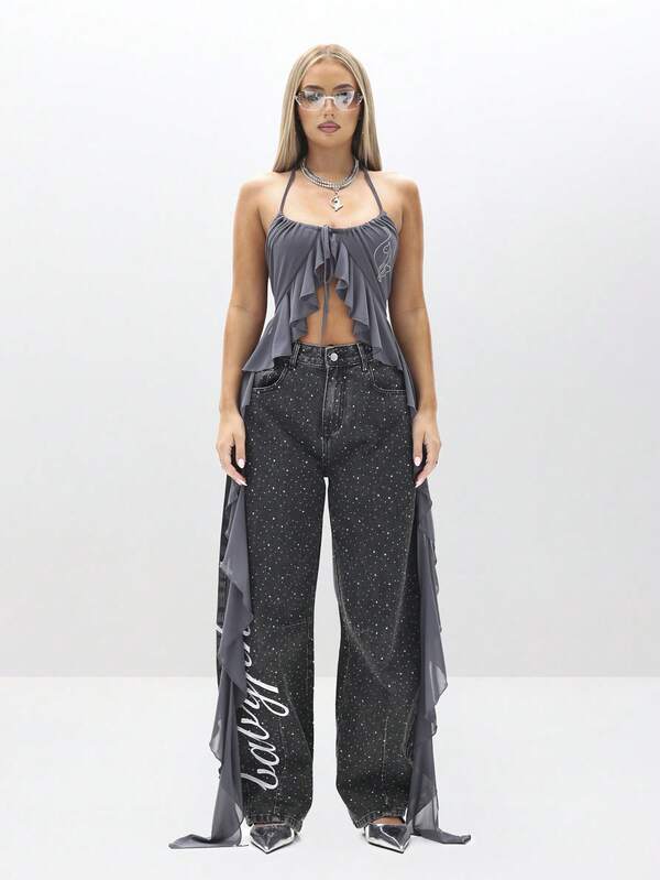 Missguided BABYPHAT Halter Cami Mesh Waterfall Ruffle Top Sleeveless Summer Festival Flowing Layer Blouse