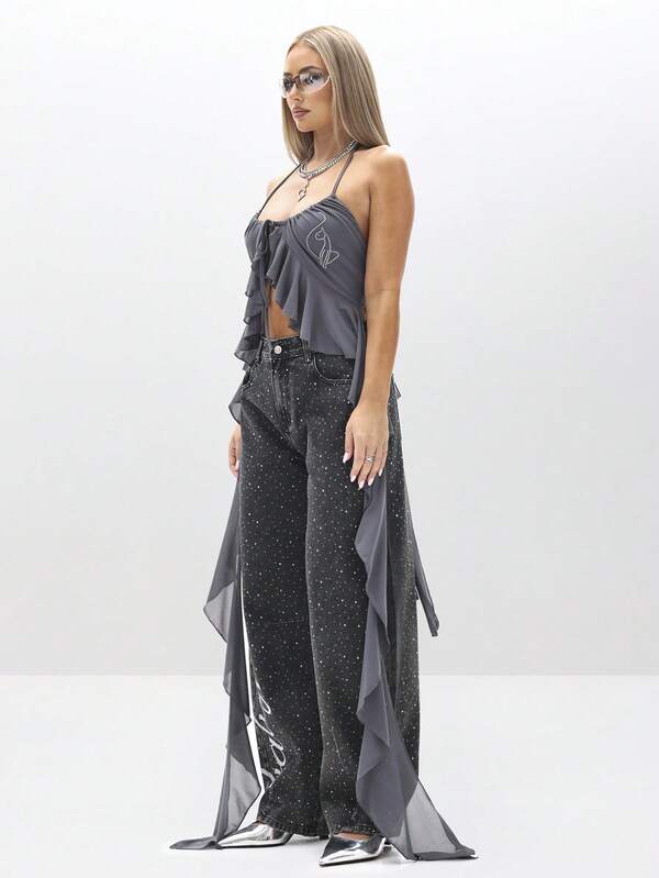 Missguided BABYPHAT Halter Cami Mesh Waterfall Ruffle Top Sleeveless Summer Festival Flowing Layer Blouse