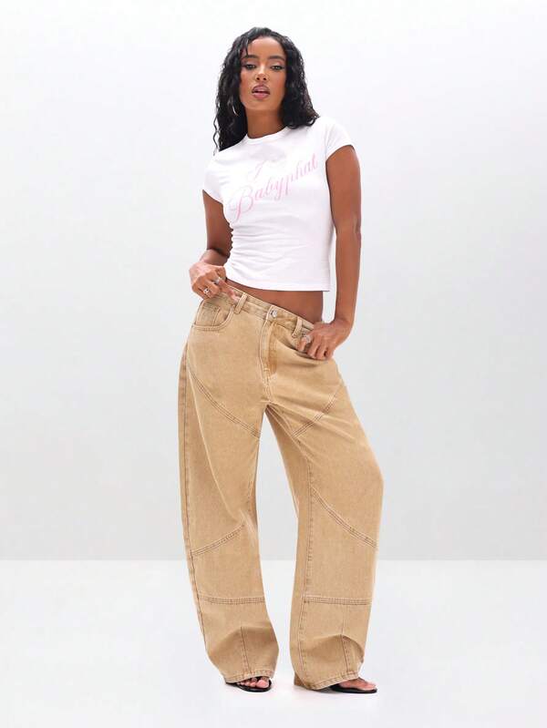 Missguided BABYPHAT High Waisted Wide Leg Barrel Jeans With Panelling Utility Cargo Pocket Seam Detail