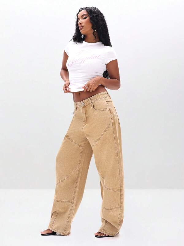 Missguided BABYPHAT High Waisted Wide Leg Barrel Jeans With Panelling Utility Cargo Pocket Seam Detail
