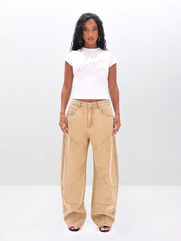 missguided BABYPHAT High Waisted Wide Leg Barrel Jeans With Panelling Utility Cargo Pocket Seam Detail