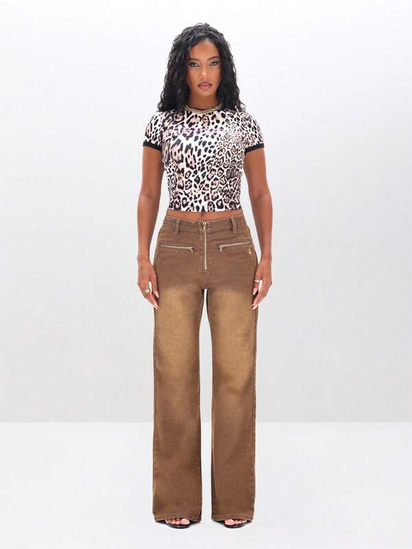 Missguided BABYPHAT Leopard Print Baby Ringer Tee Short Sleeve Animal Print Fashion Shirt