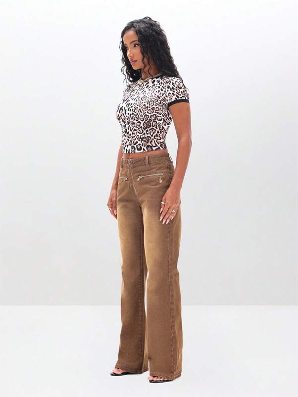 Missguided BABYPHAT Leopard Print Baby Ringer Tee Short Sleeve Animal Print Fashion Shirt