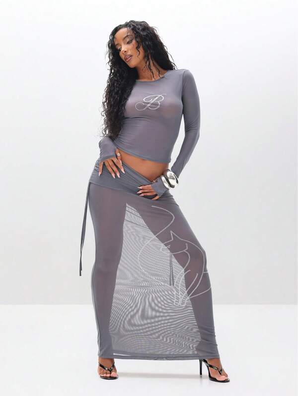 Missguided BABYPHAT Long Sleeve Mesh Top With Rhinestone Detailing And Crew Neckline For Casual Everyday Wear