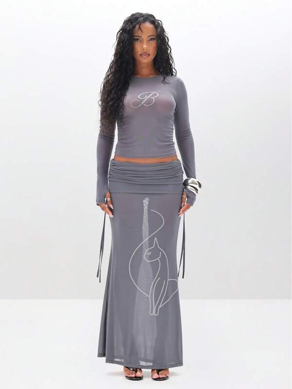 Missguided BABYPHAT Long Sleeve Mesh Top With Rhinestone Detailing And Crew Neckline For Casual Everyday Wear