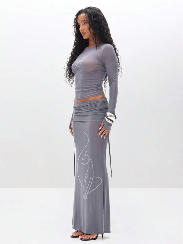 Missguided BABYPHAT Long Sleeve Mesh Top With Rhinestone Detailing And Crew Neckline For Casual Everyday Wear