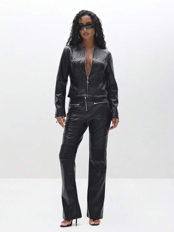 Missguided BABYPHAT Low Rise Bootcut Faux Leather Pants With Front Zip And Moto Style Detailing For Fall Winter Look