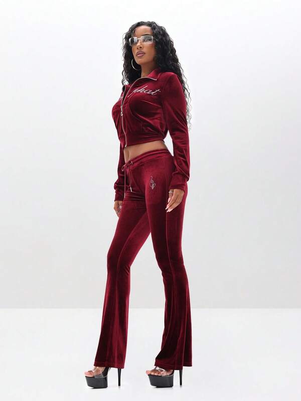 Missguided BABYPHAT Low Rise Velour Sweatpants With Flared Legs And Rhinestone Details For Fall Winter