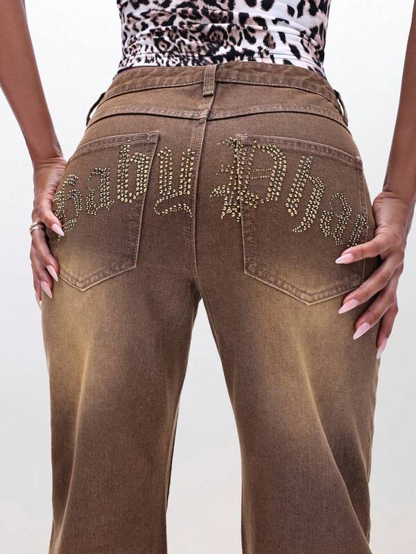 Missguided BABYPHAT Low Waist Bootcut Flare Jeans With Rhinestone Embellishments Wide Leg Denim Pants For Fall Winter