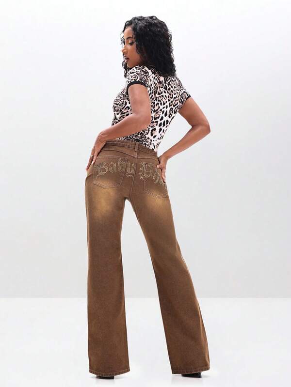 missguided BABYPHAT Low Waist Bootcut Flare Jeans With Rhinestone Embellishments Wide Leg Denim Pants For Fall Winter