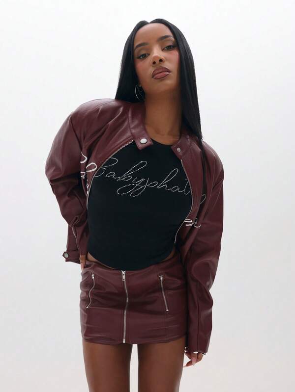 Missguided BABYPHAT Mini Faux Leather Skirt With Embroidered Script Detail For Fall Winter