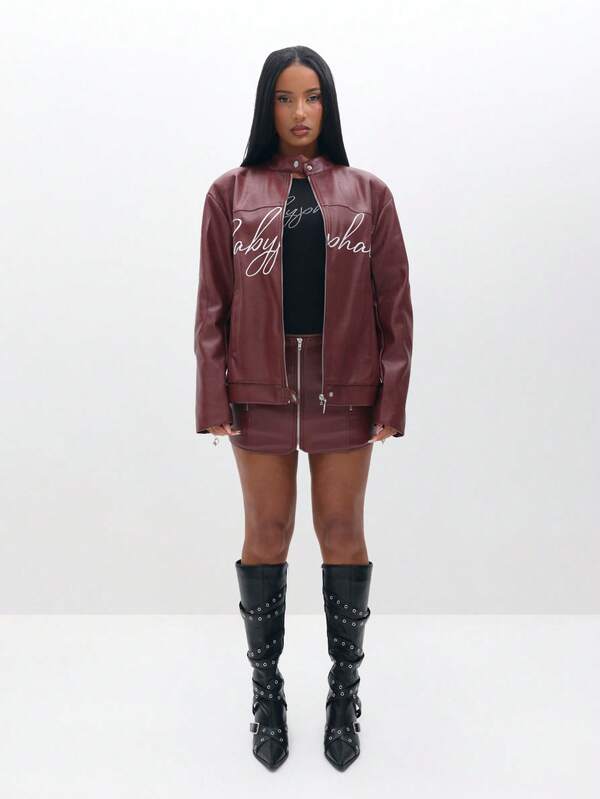 Missguided BABYPHAT Mini Faux Leather Skirt With Embroidered Script Detail For Fall Winter