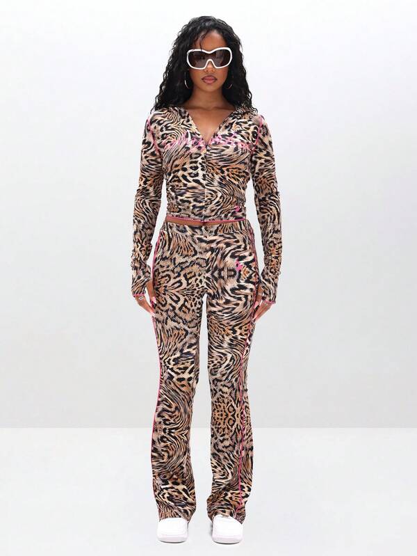 Missguided BABYPHAT Mixed Animal Print Zip Up Hooded Top With Long Sleeves Jersey Fabric