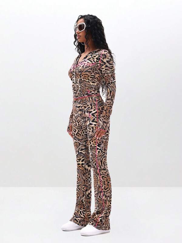 Missguided BABYPHAT Mixed Animal Print Zip Up Hooded Top With Long Sleeves Jersey Fabric