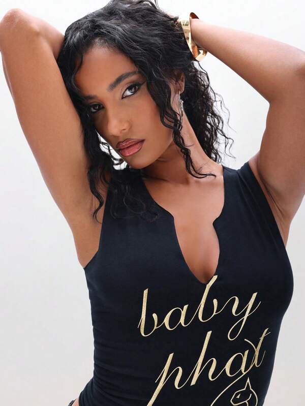 missguided BABYPHAT Notch Neck Tank Top With Cat Print Message Text Design