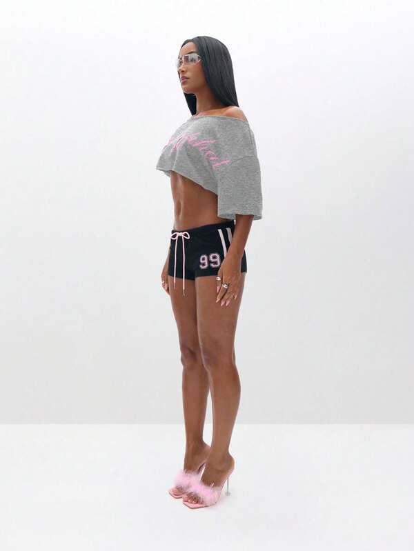 Missguided BABYPHAT Off Shoulder Cropped Sweatshirt With Pink Graphic Print Casual Comfort Top