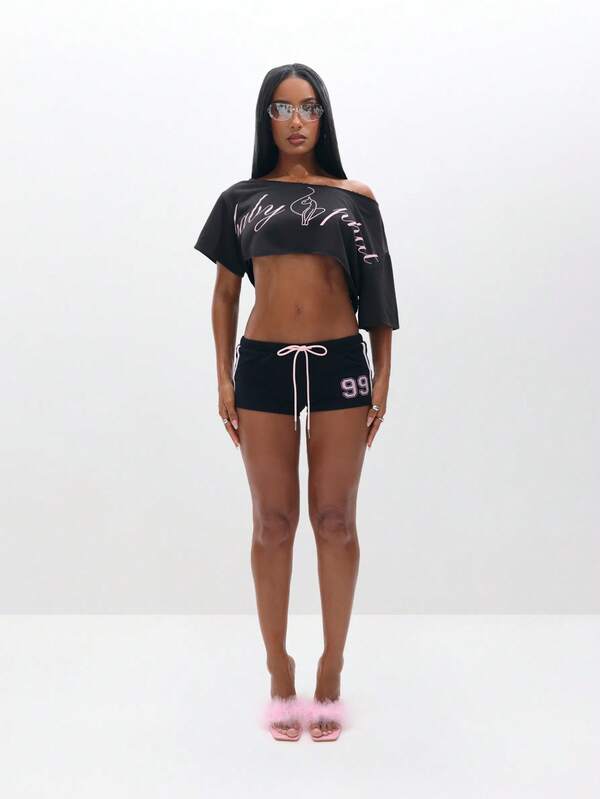 Missguided BABYPHAT Off Shoulder Cropped Sweatshirt With Pink Script Logo For Casual Everyday Comfort