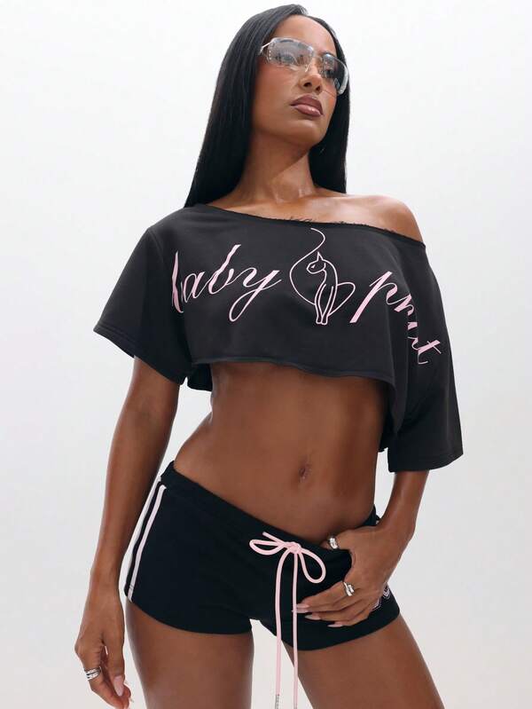 missguided BABYPHAT Off Shoulder Cropped Sweatshirt With Pink Script Logo For Casual Everyday Comfort