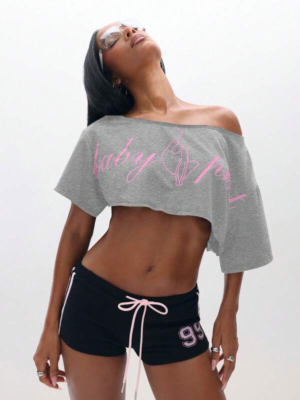 missguided BABYPHAT Off Shoulder Cropped Sweatshirt With Pink Graphic Print Casual Comfort Top