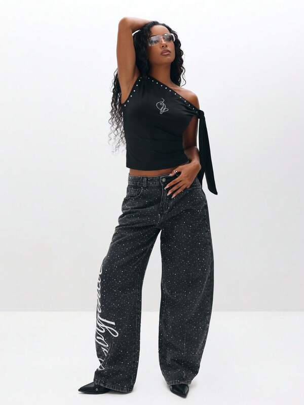 Missguided BABYPHAT One Shoulder Studded Top With Tie Detail Off Shoulder Asymmetric Neckline Party Club Evening