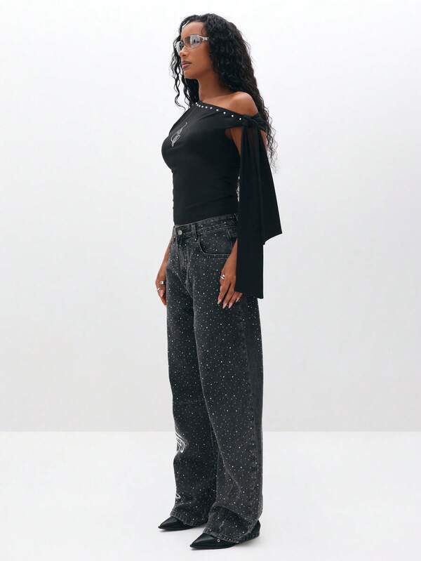 Missguided BABYPHAT One Shoulder Studded Top With Tie Detail Off Shoulder Asymmetric Neckline Party Club Evening