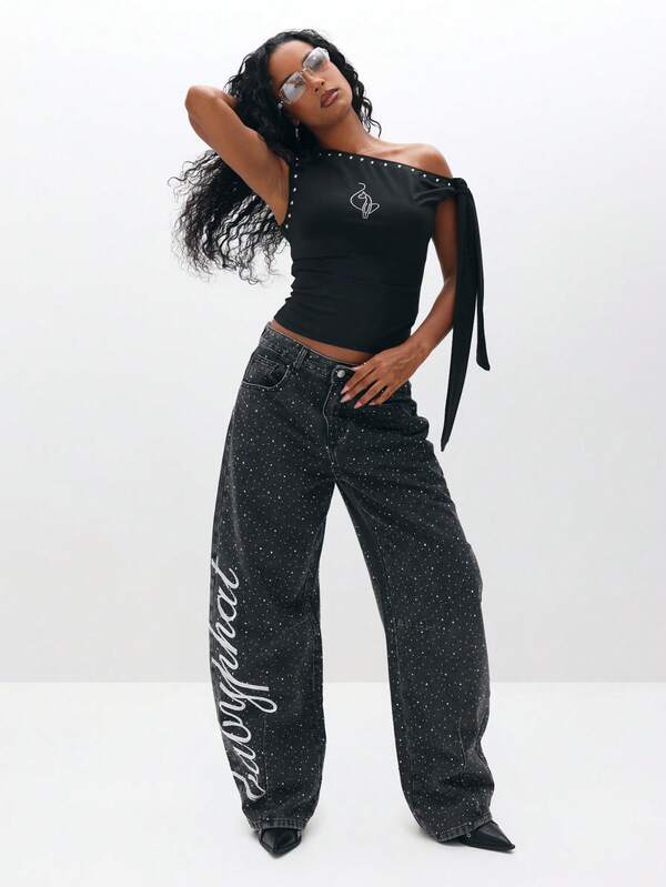 Missguided BABYPHAT One Shoulder Studded Top With Tie Detail Off Shoulder Asymmetric Neckline Party Club Evening