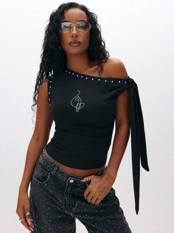 missguided BABYPHAT One Shoulder Studded Top With Tie Detail Off Shoulder Asymmetric Neckline Party Club Evening