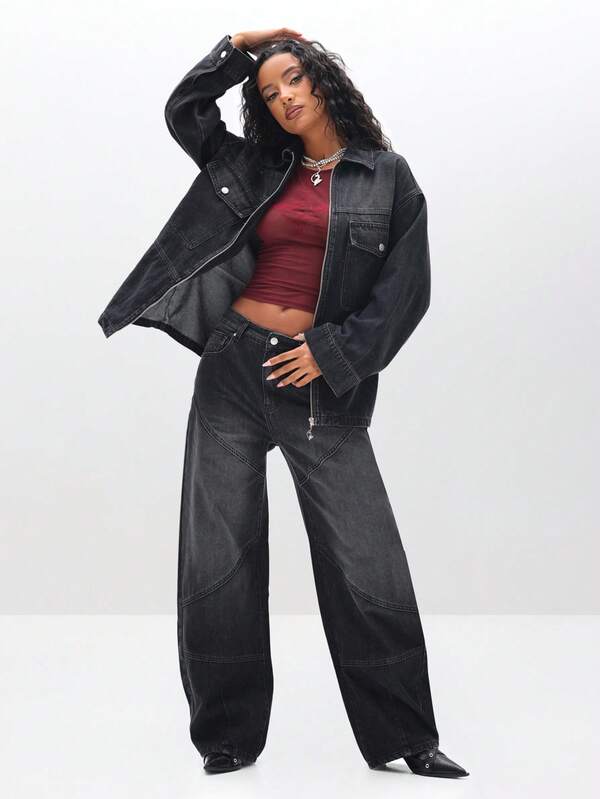 Missguided BABYPHAT Oversized Denim Shacket Jacket For Women Long Sleeve Zip Up Casual Outerwear Fall Winter Wardrobe Essential