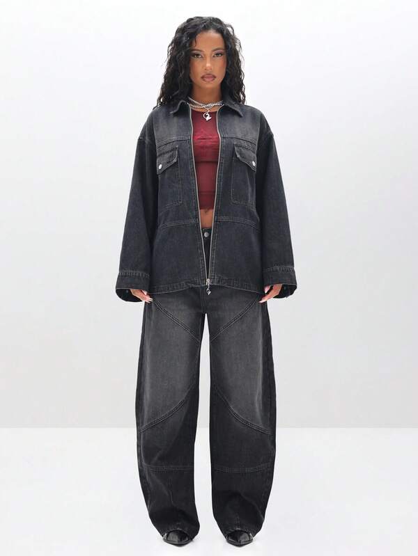 Missguided BABYPHAT Oversized Denim Shacket Jacket For Women Long Sleeve Zip Up Casual Outerwear Fall Winter Wardrobe Essential
