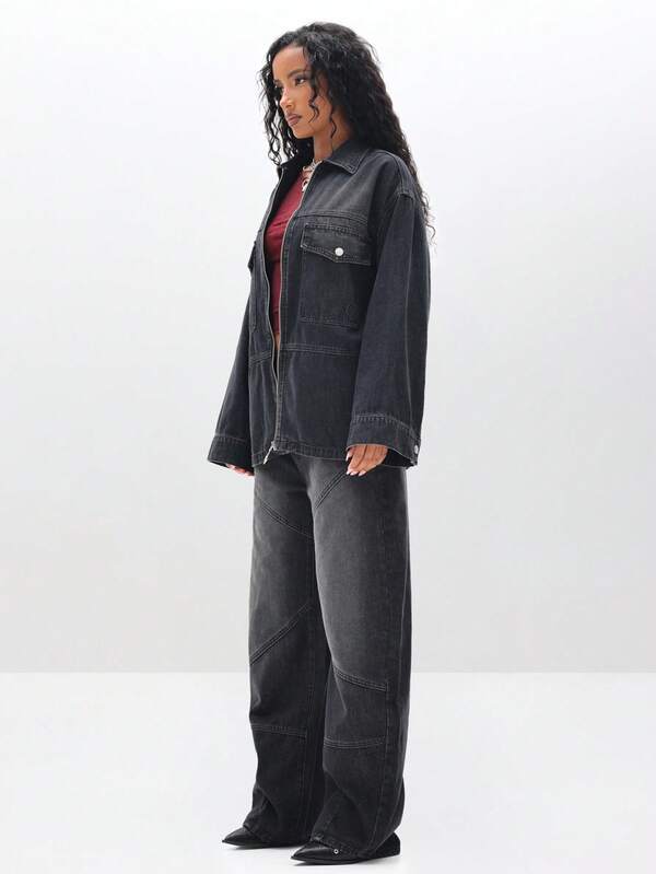 Missguided BABYPHAT Oversized Denim Shacket Jacket For Women Long Sleeve Zip Up Casual Outerwear Fall Winter Wardrobe Essential