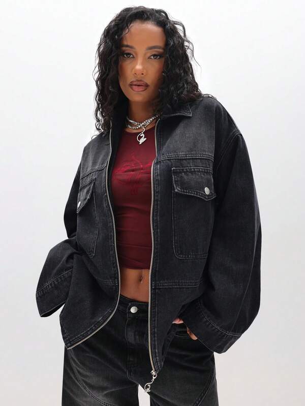 missguided BABYPHAT Oversized Denim Shacket Jacket For Women Long Sleeve Zip Up Casual Outerwear Fall Winter Wardrobe Essential