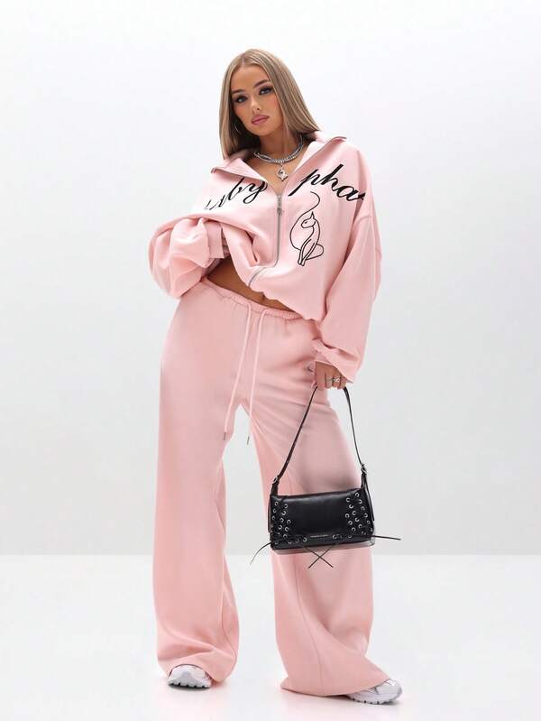 Missguided BABYPHAT Oversized High Neck Zip Up Sweatshirt With Script Print And Cat Graphic For Casual Winter Streetwear