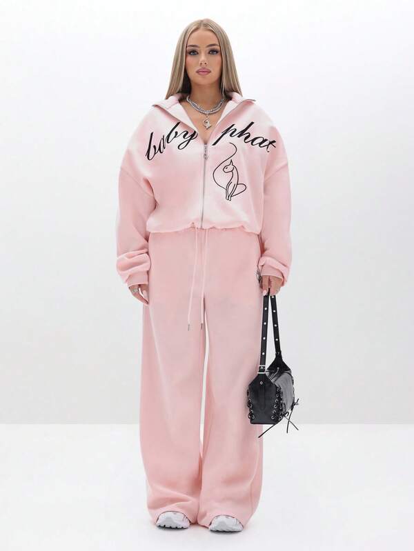 Missguided BABYPHAT Oversized High Neck Zip Up Sweatshirt With Script Print And Cat Graphic For Casual Winter Streetwear