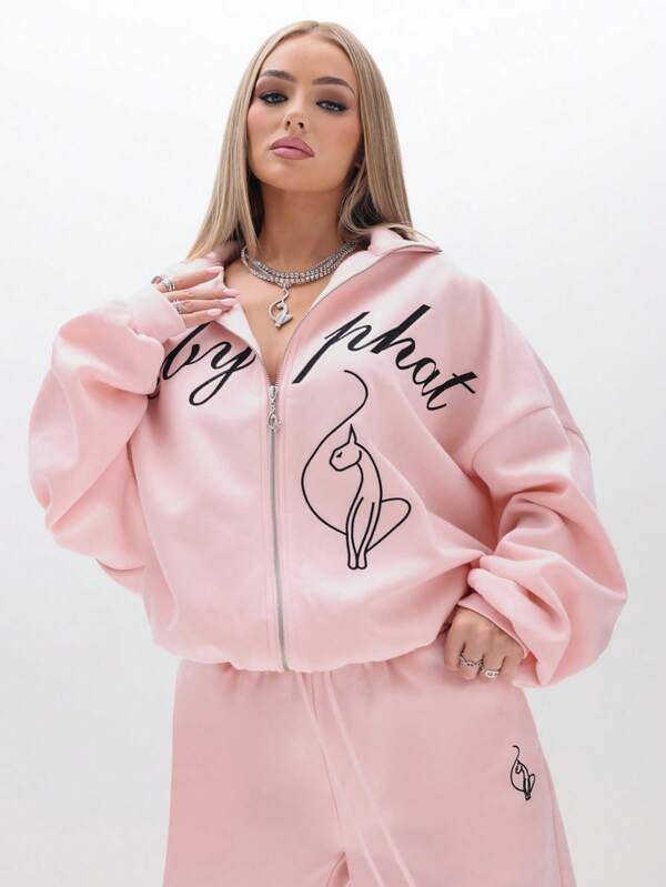 Missguided BABYPHAT Oversized High Neck Zip Up Sweatshirt With Script Print And Cat Graphic For Casual Winter Streetwear