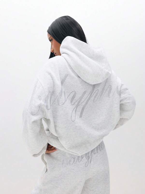 Missguided BABYPHAT Oversized Hooded Sweatshirt With Rhinestone Details And Centre Pocket For Fall Winter Casual Loungewear