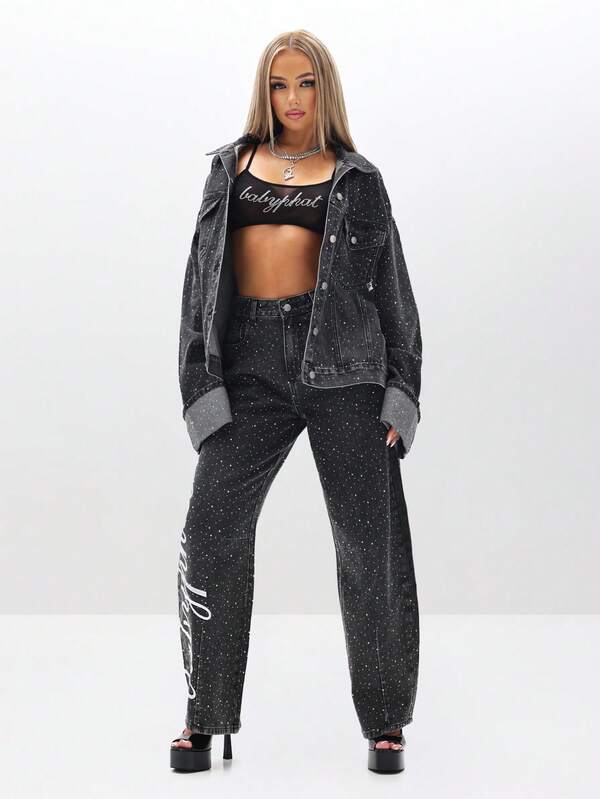 Missguided BABYPHAT Oversized Rhinestone Embellished Denim Trucker Jacket With All Over Rhinestone For Fall Winter