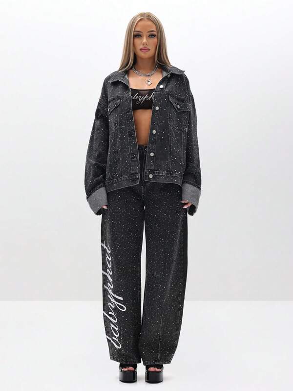 Missguided BABYPHAT Oversized Rhinestone Embellished Denim Trucker Jacket With All Over Rhinestone For Fall Winter